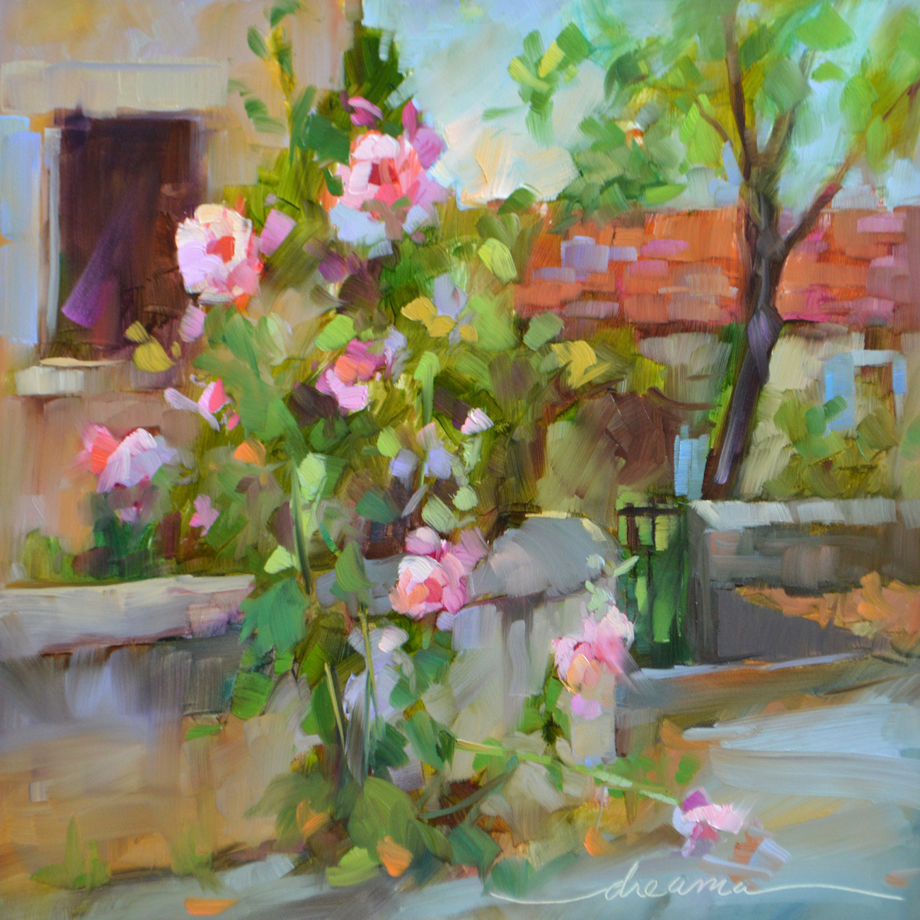 "Hollyhock Happy in France" 12 x 12in oil on museum quality panel SOLD