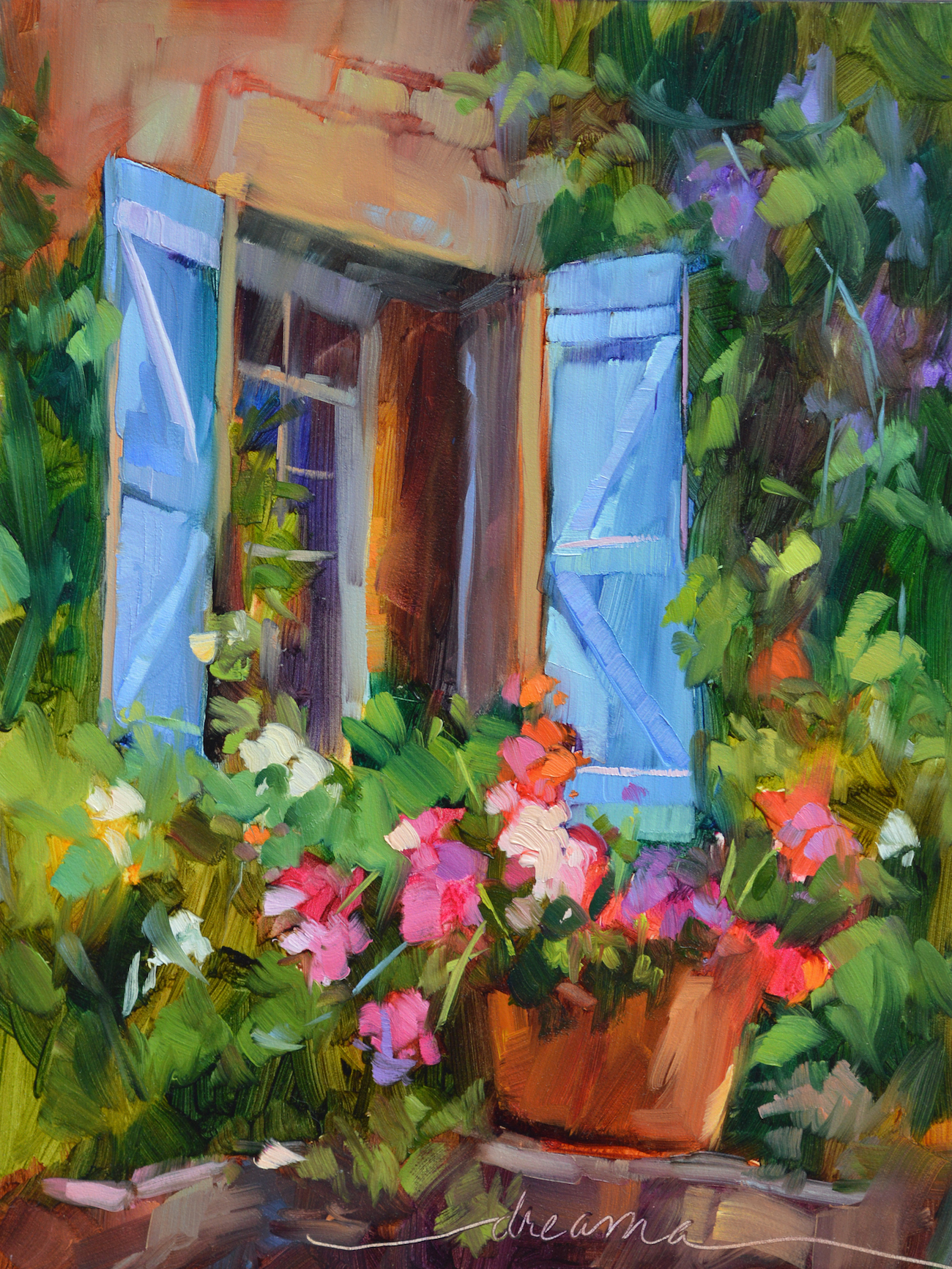 Blue Shutters and Blooming Friends